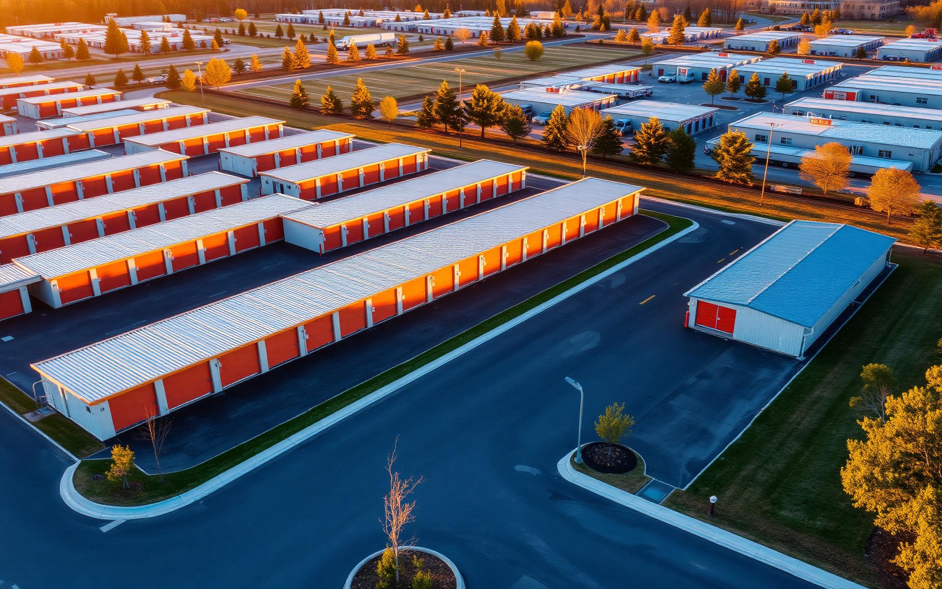 Aerial view of a modern self-storage facility with rows of drive-up units at sunset